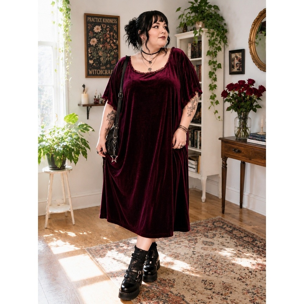 Vintage Y2K DressBarn Plus 20W Burgundy Velvet Maxi Dress Formal Gothic